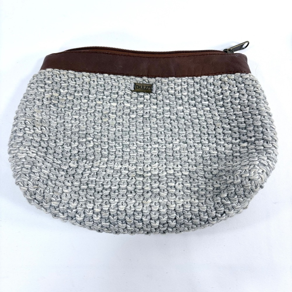 Darzzi Pouch Grey White Knit Brown Leather Trim Zippered‎ Cosmetic Bag Clutch